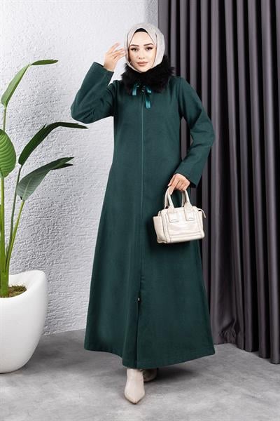 Yakası Kürklü Kaşe Kaban ZÜMRÜT YEŞİLİ