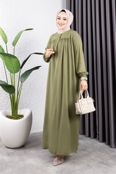 Yarım Düğmeli Viskon Elbise HAKİ