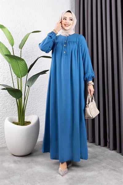 Yarım Düğmeli Viskon Elbise İNDİGO
