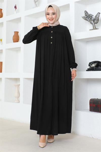 Yarım Düğmeli Viskon Elbise SİYAH