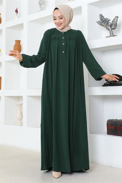 Yarım Düğmeli Viskon Elbise ZÜMRÜT YEŞİLİ