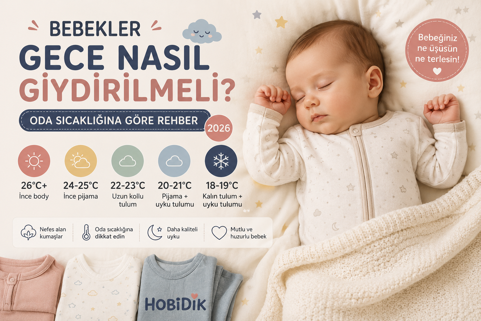 Bebekler gece nasıl giydirilmeli oda sıcaklığına göre bebek giyimi rehberi uyuyan bebek kapak görseli Hobidik