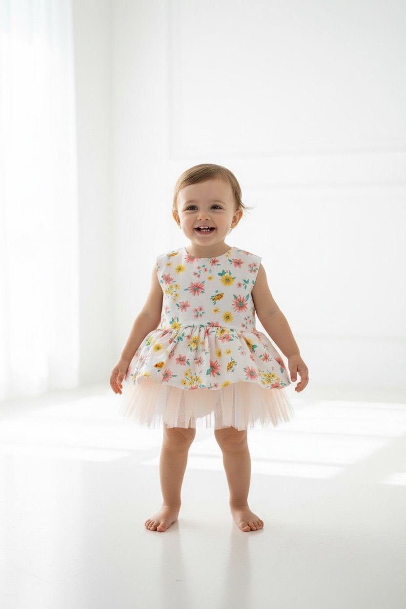 6-9 Ay Çiçekli Keten Elbise