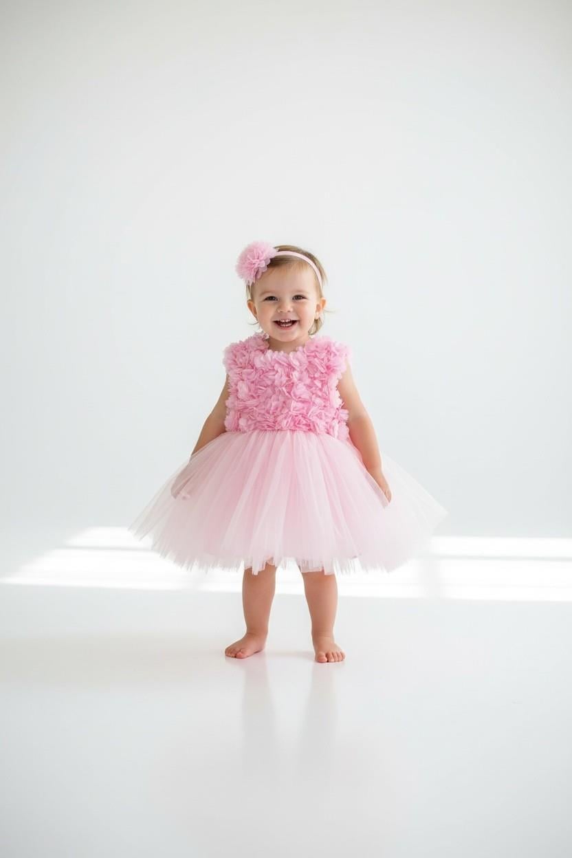 Açık Pembe Şifon Çiçekli Kabarık Elbise