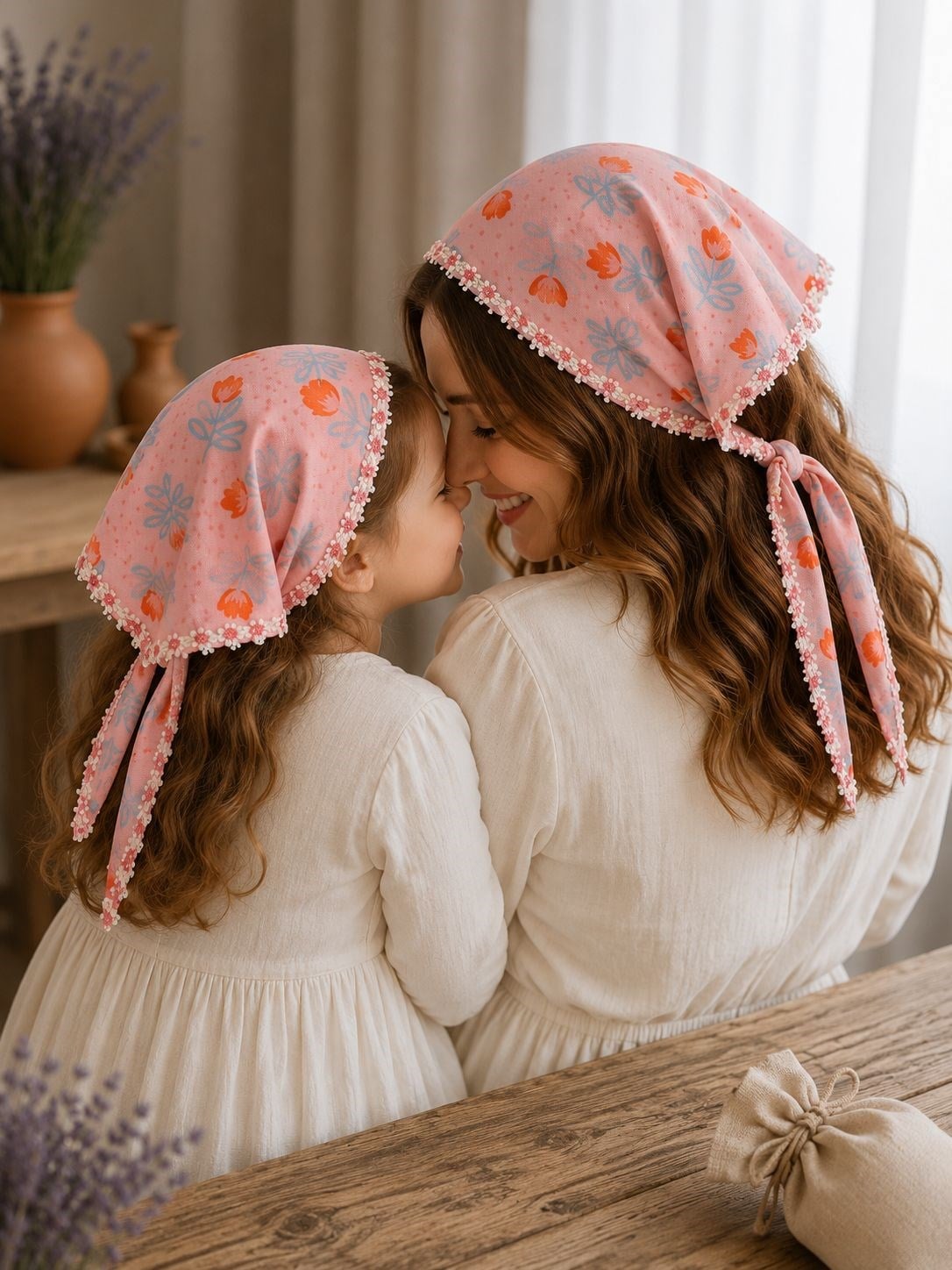 Anne Bebek Çocuk Pembe Çiçekli  Üçgen Bandana | Pamuklu Bağlamalı Fisto Bandana Standart Ölçü