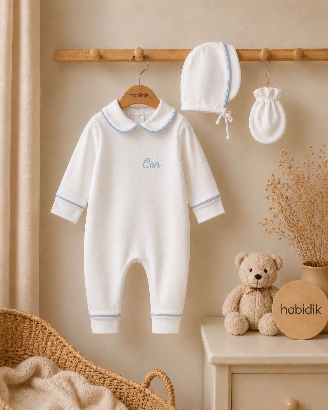 Bebek Bebe Mavi Biyeli Penye Tulum Set Hastane Çıkışı