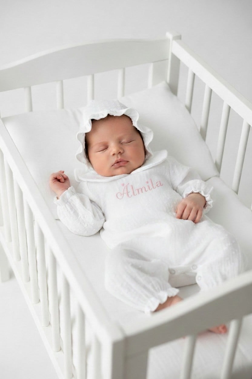 Bebek Beyaz Ponponlu Müslin Bebe Yaka Tulum Şapka Set