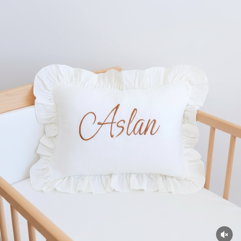 Bebek Ekru Müslin Fırfırlı Nakışlı Yastık 