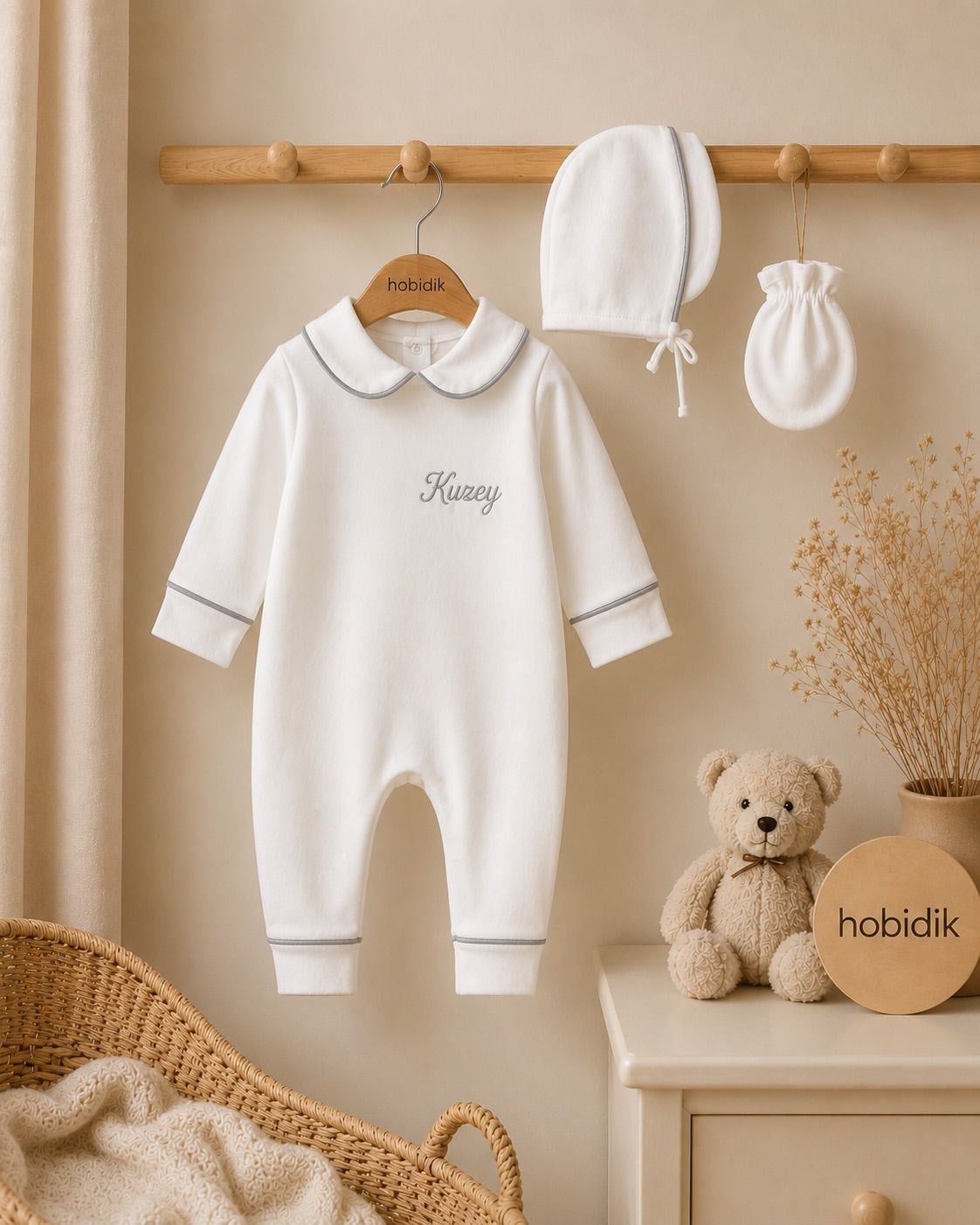 Bebek Gri Biyeli  Penye Tulum Set Hastane Çıkışı