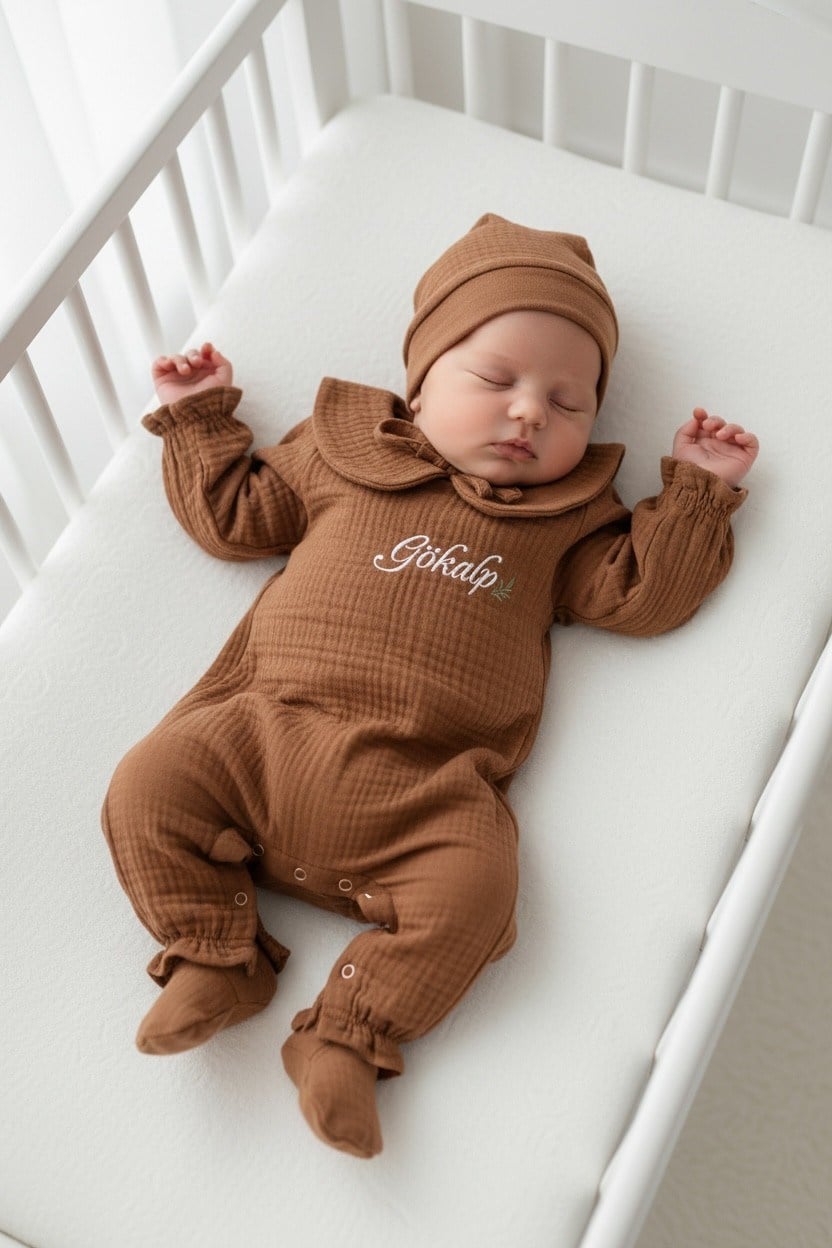 Bebek Kahverengi Bebe Yaka Müslin Tulum Set Hastane çıkışı