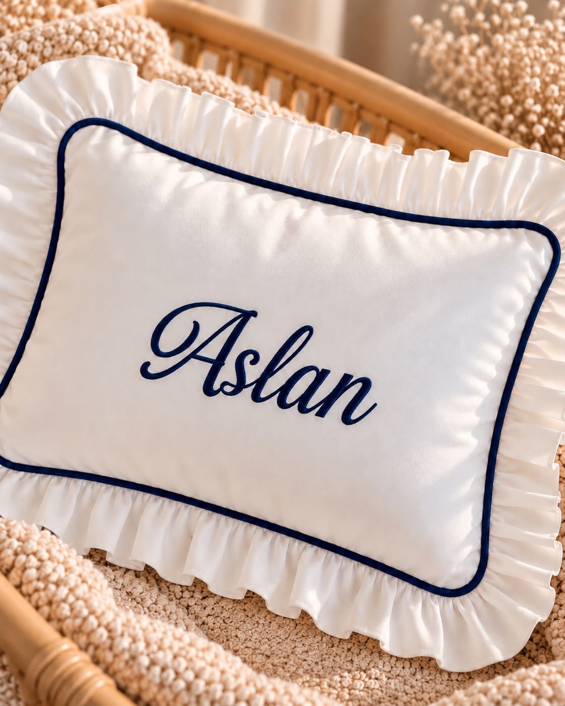 Bebek Pamuk Saten Lacivert Biyeli  Yastık 