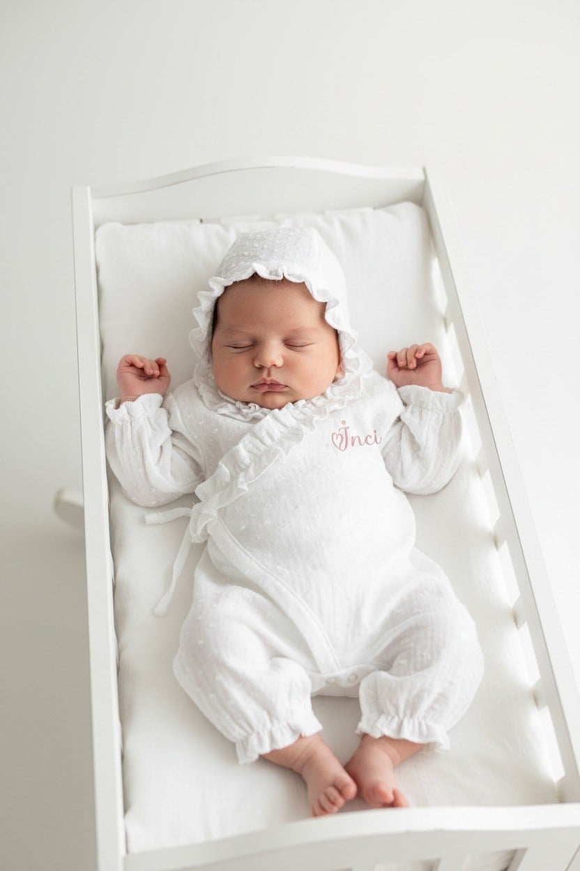 Beyaz Bebek Ponponlu Fırfırlı Müslin Tulum Şapka Set
