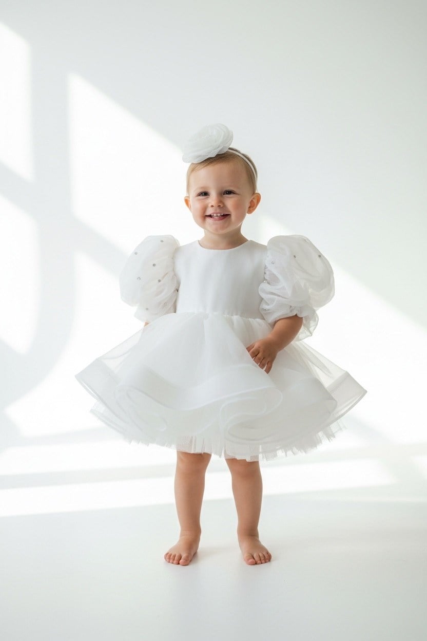 Beyaz Taş İşlemeli Kabarık Tüllü Kız Çocuk Doğum Günü Elbisesi