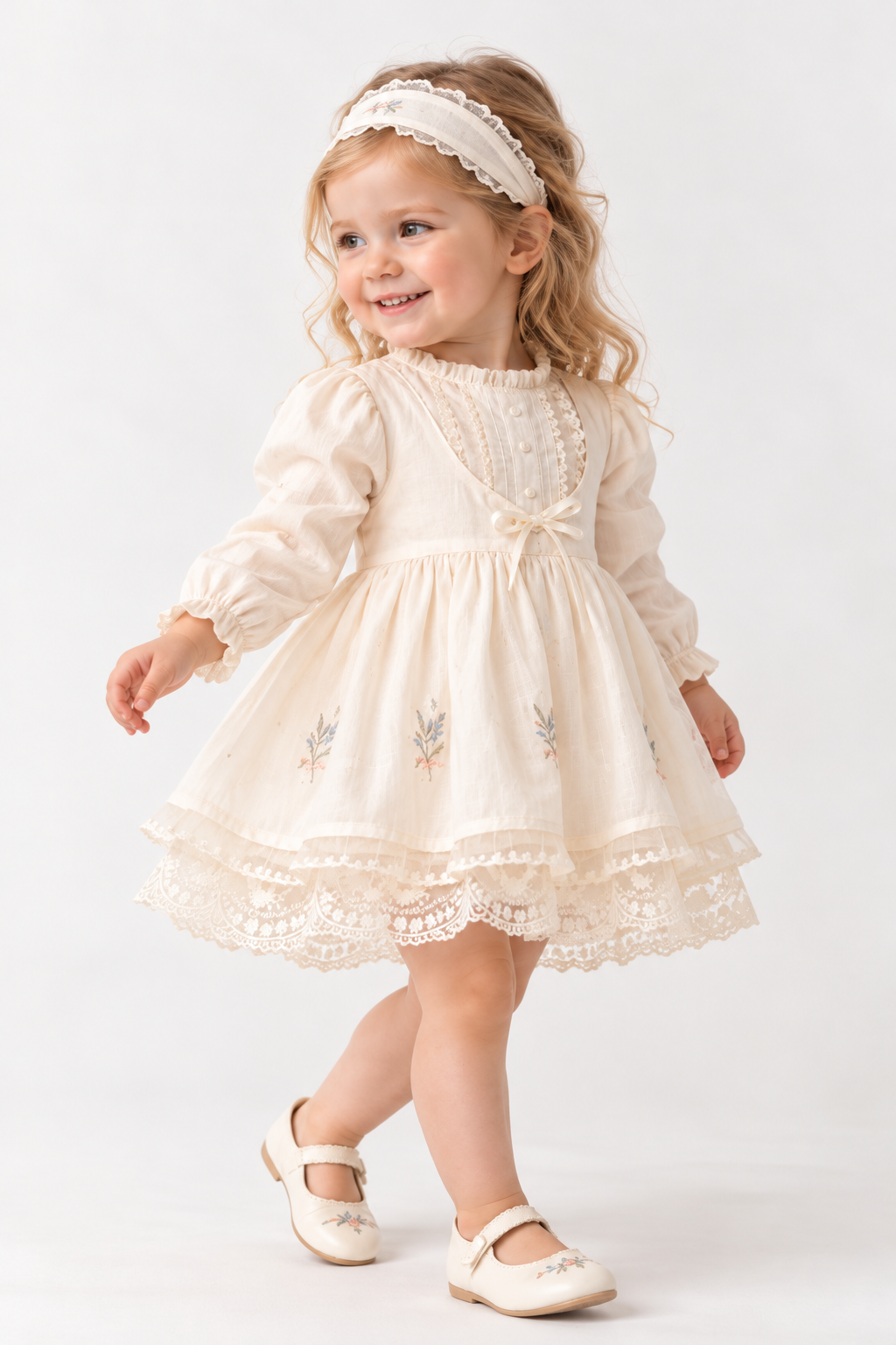 Ekru Krem Vintage Pamuk Kız Bebek Elbise 3'lü Set – Nakışlı Dantelli Bandanalı Takım