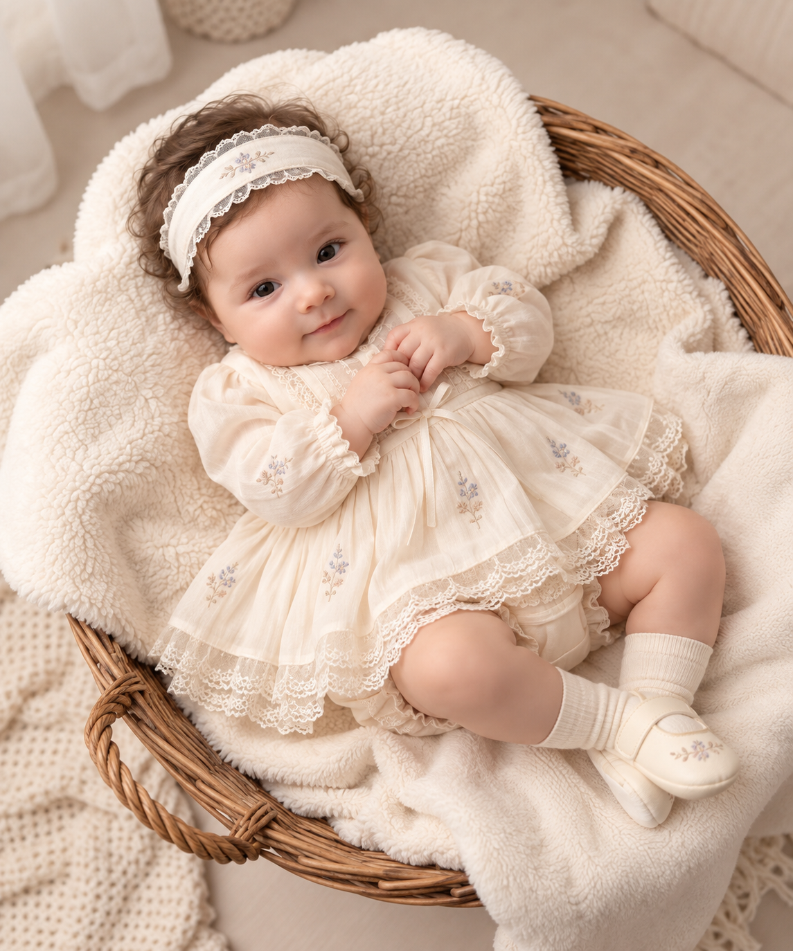 Ekru Krem Vintage Pamuk Kız Bebek Elbise 5'li Set – Nakışlı Dantelli Kutulu Takım