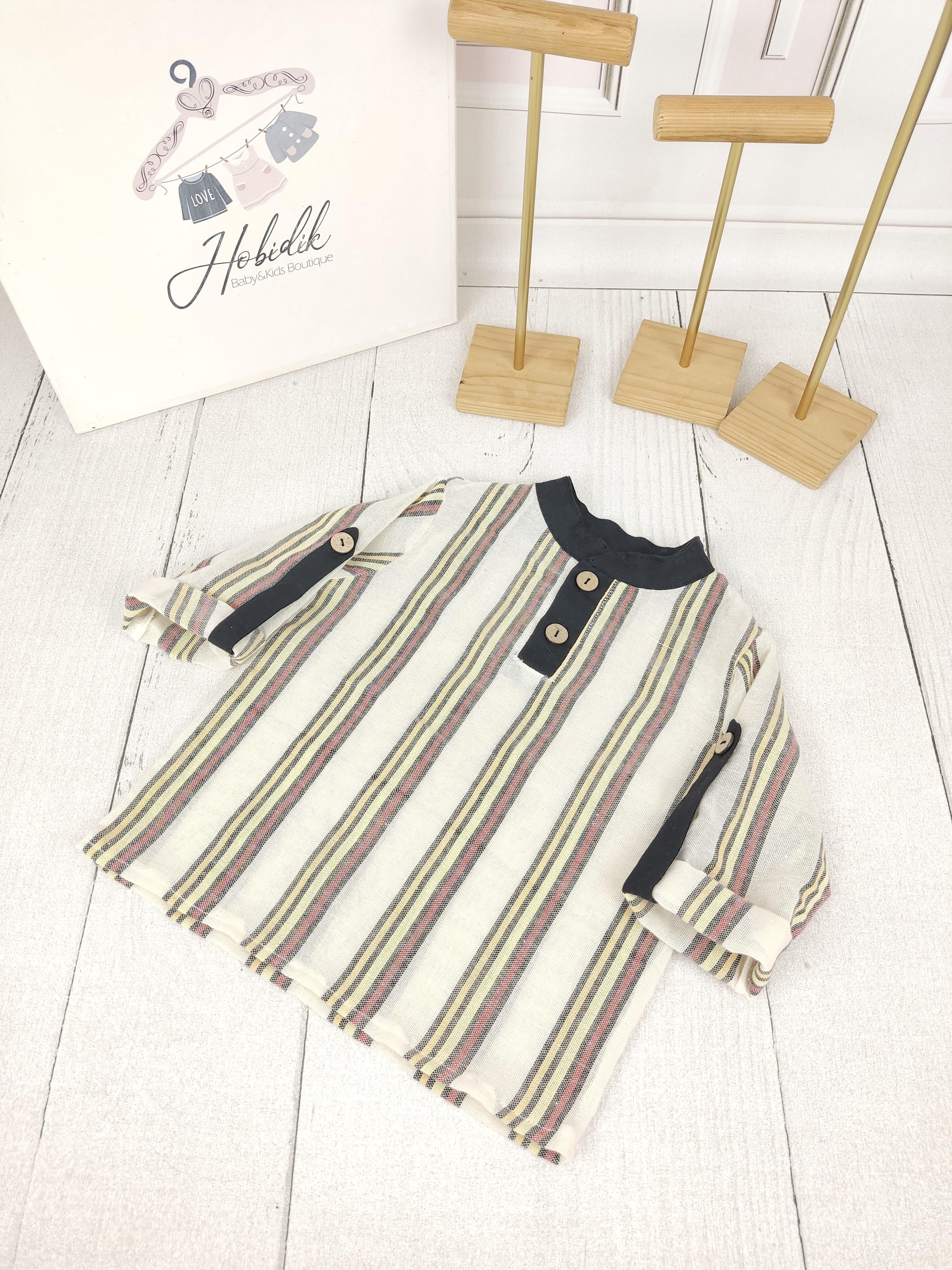 El Dokuması Çizğili Düğmeli Gömlek 