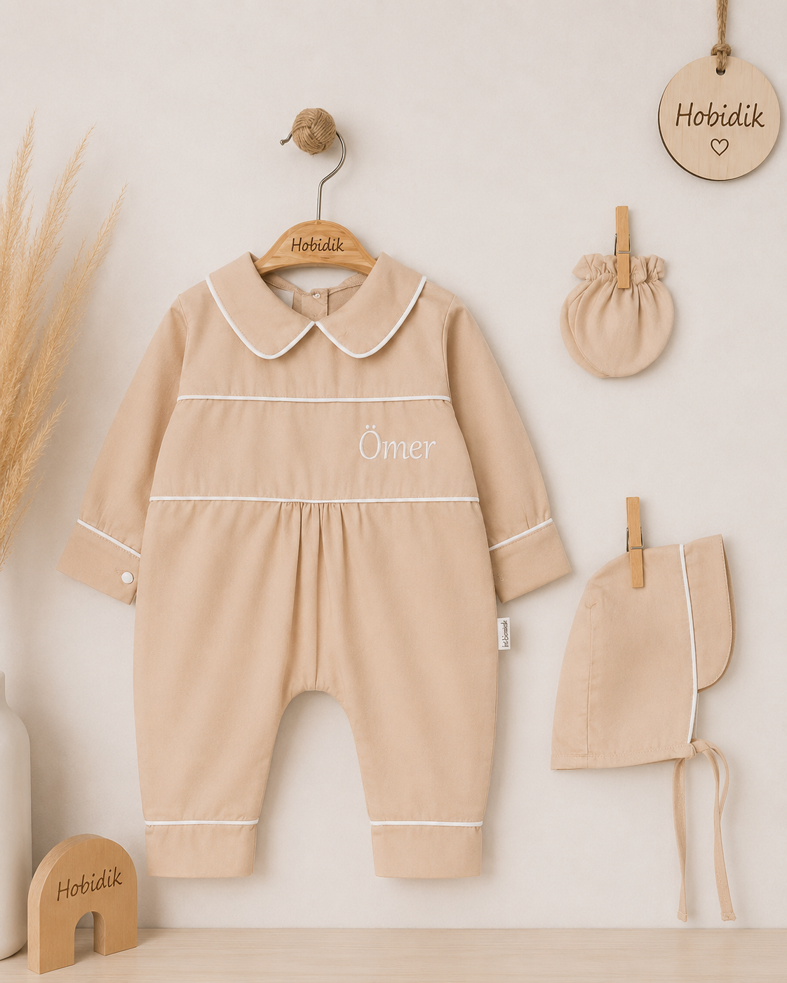 Erkek Bebek Ekru Biyeli Pamuk Saten Tulum Set 