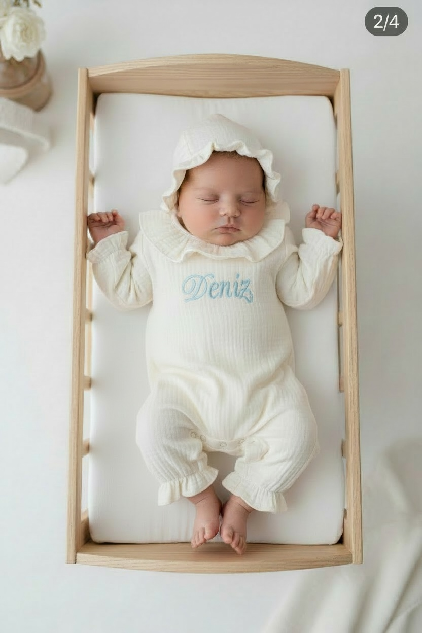 Erkek Bebek Ekru Fırfır Yaka Müslin Tulum Set Hastane Çıkışı