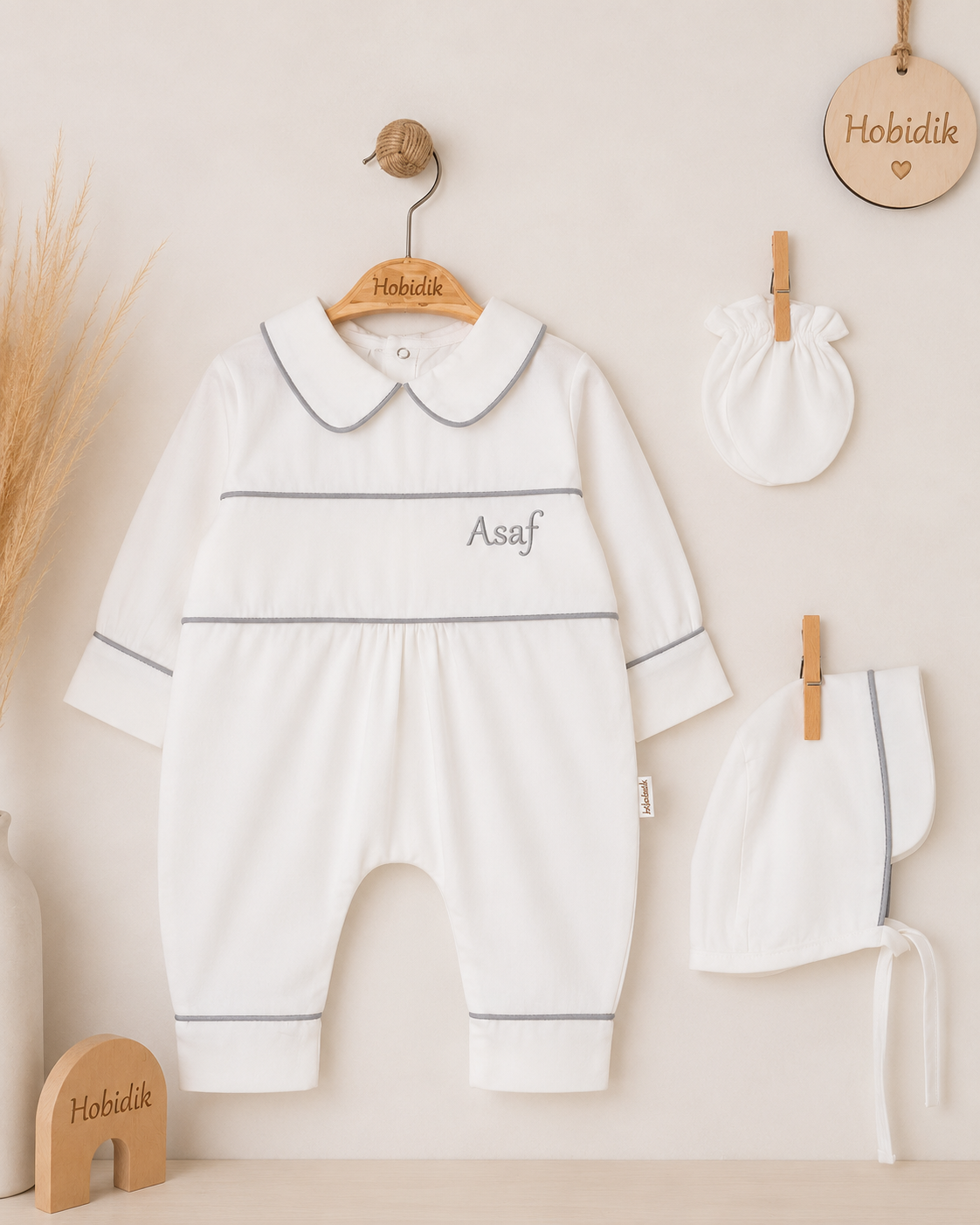 Erkek Bebek Gri Biyeli Pamuk Saten Tulum Set
