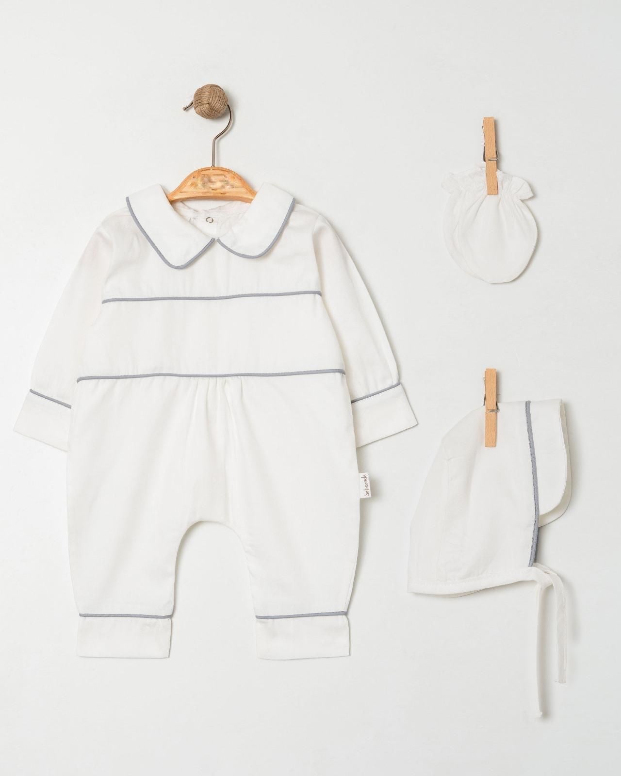 Erkek Bebek Gri Biyeli Pamuk Saten Tulum Set