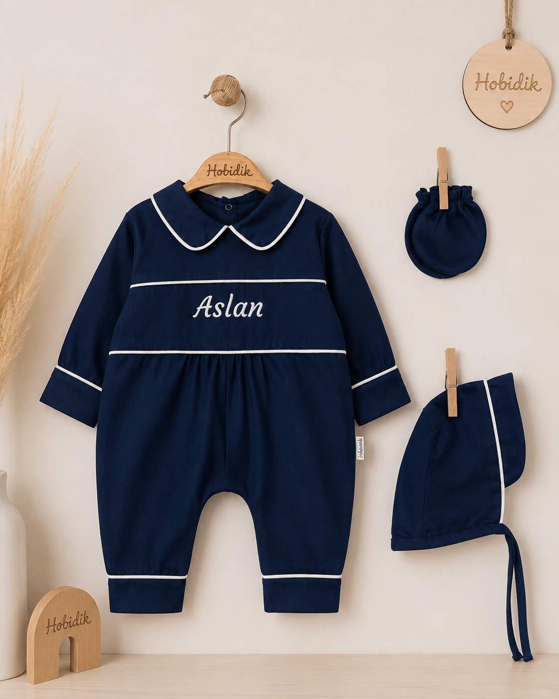 Erkek Bebek Lacivert Ekru Biyeli Pamuk Saten Tulum Set 