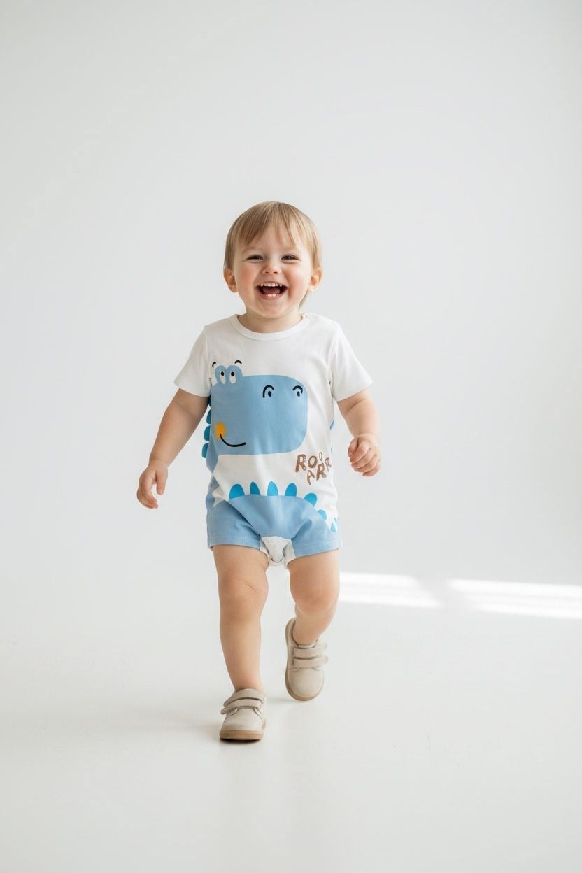 Erkek Bebek Tulum Kısa Kollu Pamuklu Dinozor Baskılı Çıtçıtlı Yazlık Bebek Zıbın