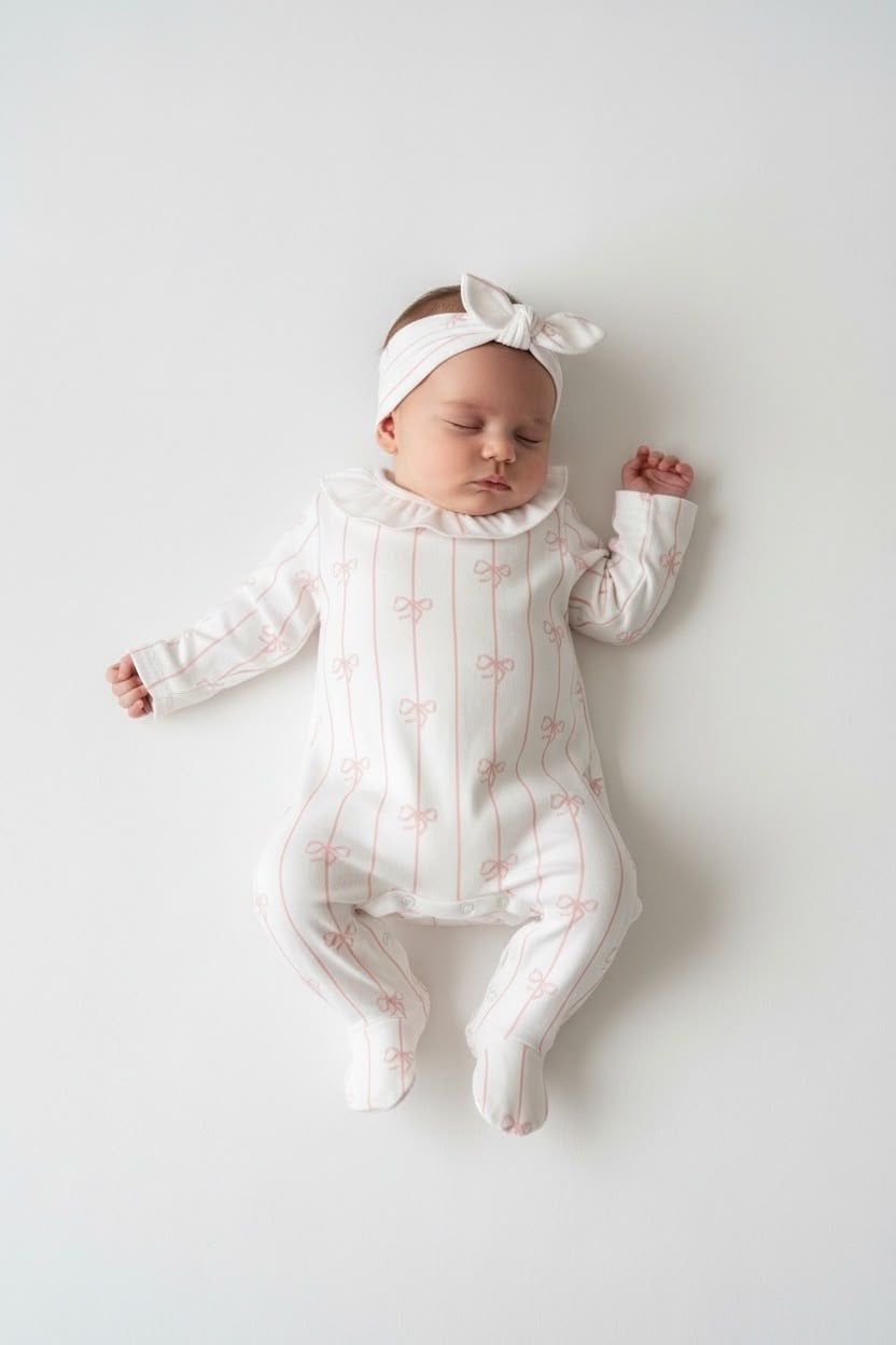 Fiyonk Desenli Kız Bebek Tulum & Bandana 2'li Set – 3-6 Ay