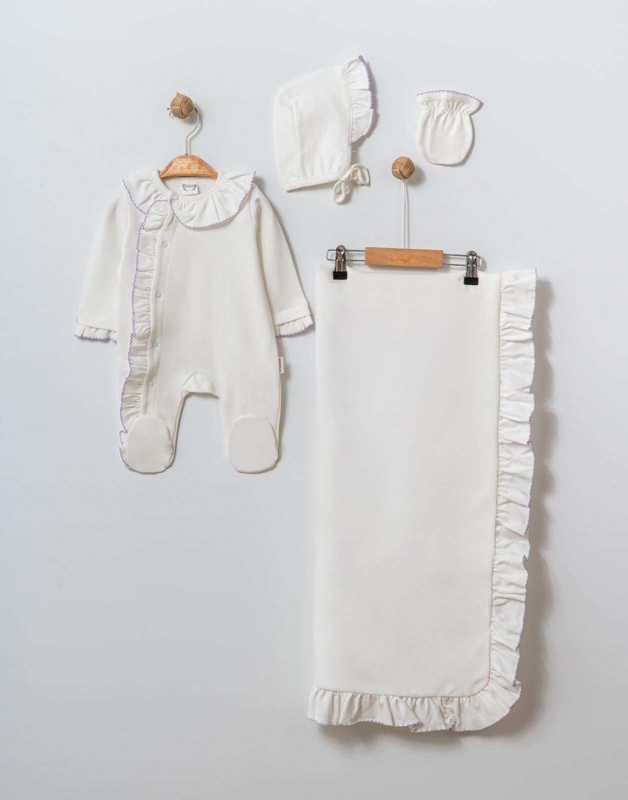 Kız Bebek Lila  Kroşeta Oyalı Battaniyeli Tulum Set Hastane Çıkışı 