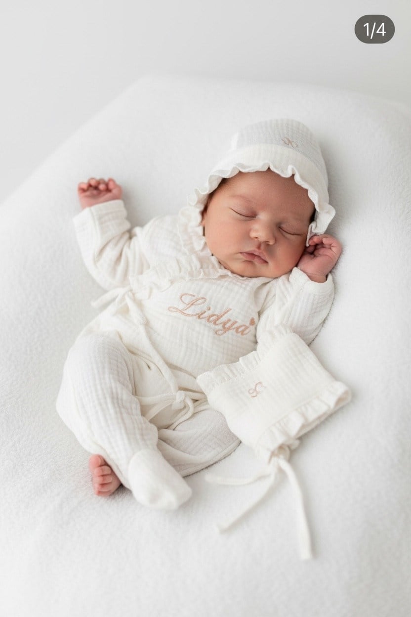 Kız Bebek Müslin Fırfırlı Bağlamalı Tulum Set Hastane Çıkışı