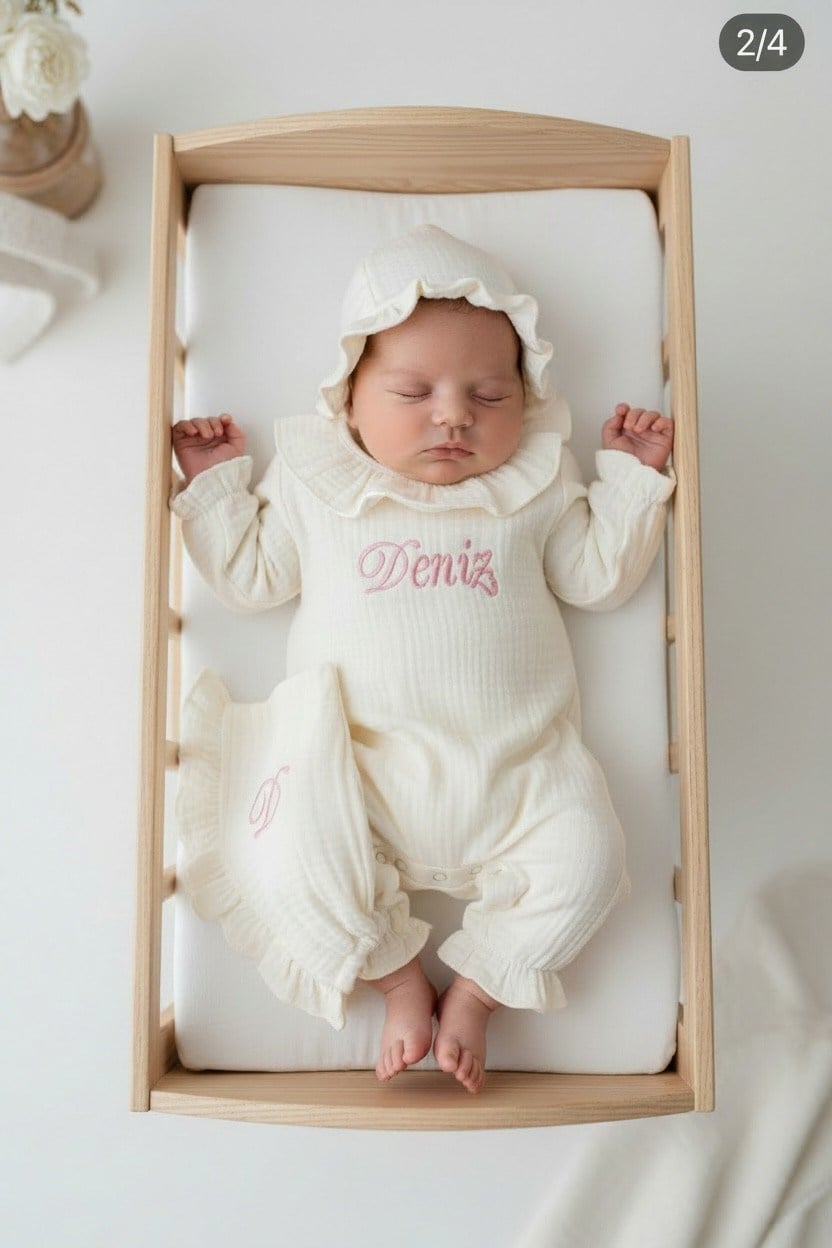 Kız Bebek Müslin Fırfırlı Tulum Set Hastane Çıkışı