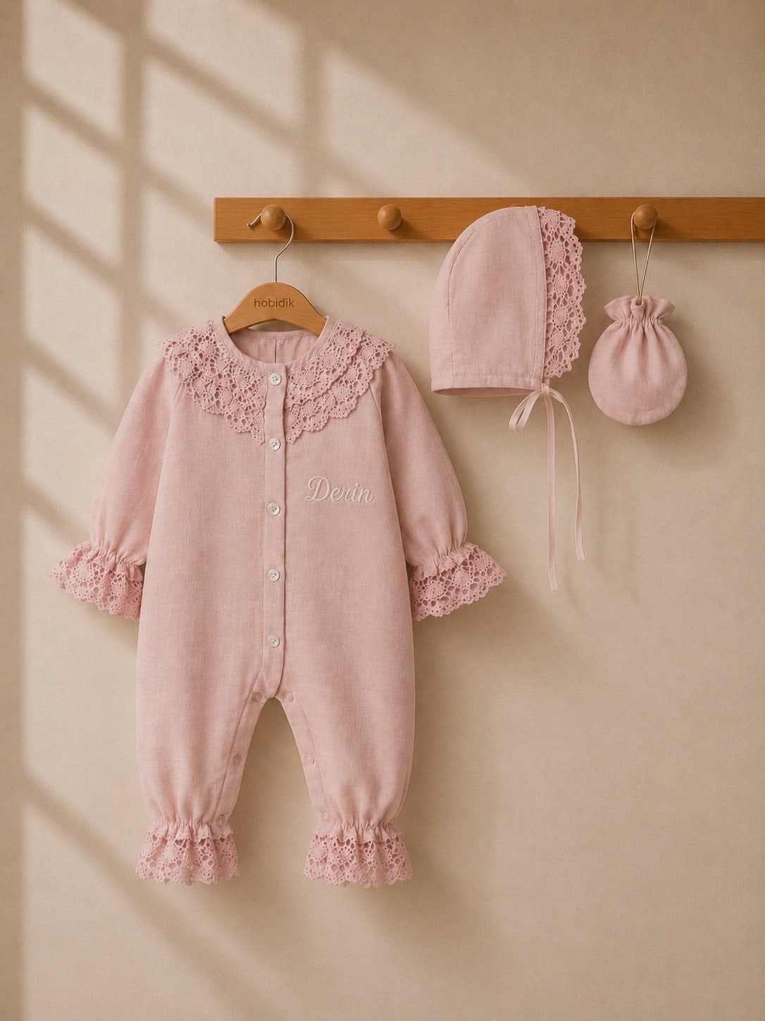 Kız Bebek Pembe Müslin Kopanaki Dantelli Tulum Set