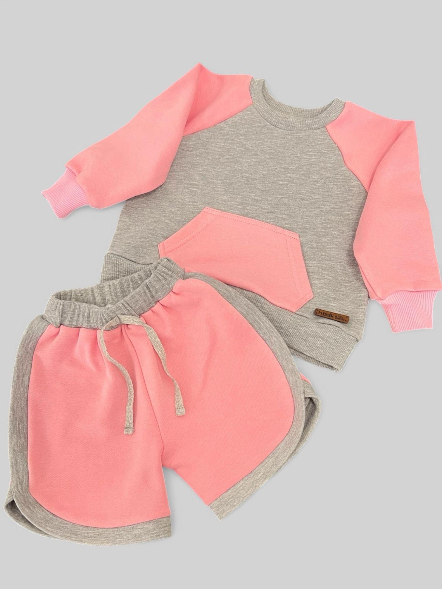 Kız Çocuk Pembe Gri Sweatshirt Şort Takım