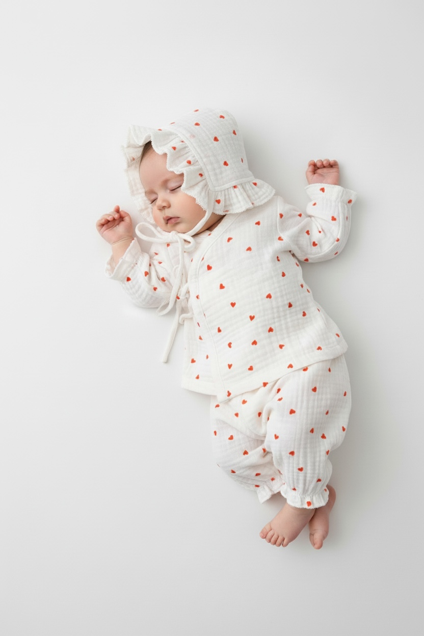Kız & Erkek Bebek Kalpli Müslin  Alt Üst Şapka Set