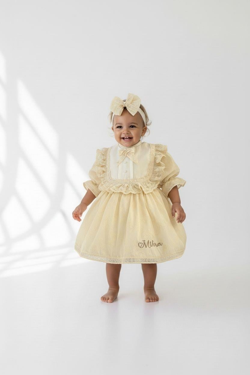 Krem Dantelli Vintage Kız Bebek Çocuk Elbise 