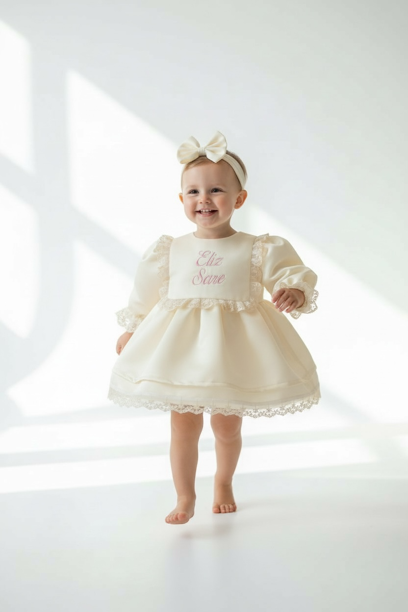 Krem Güpürlü Önlüklü Elbise Set