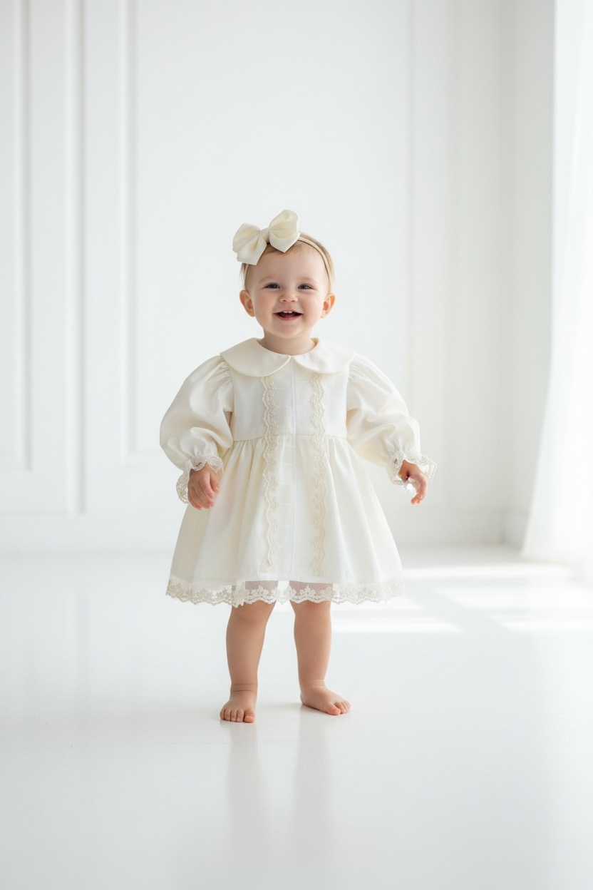 Krem Önden Güpür Dantel Elbise