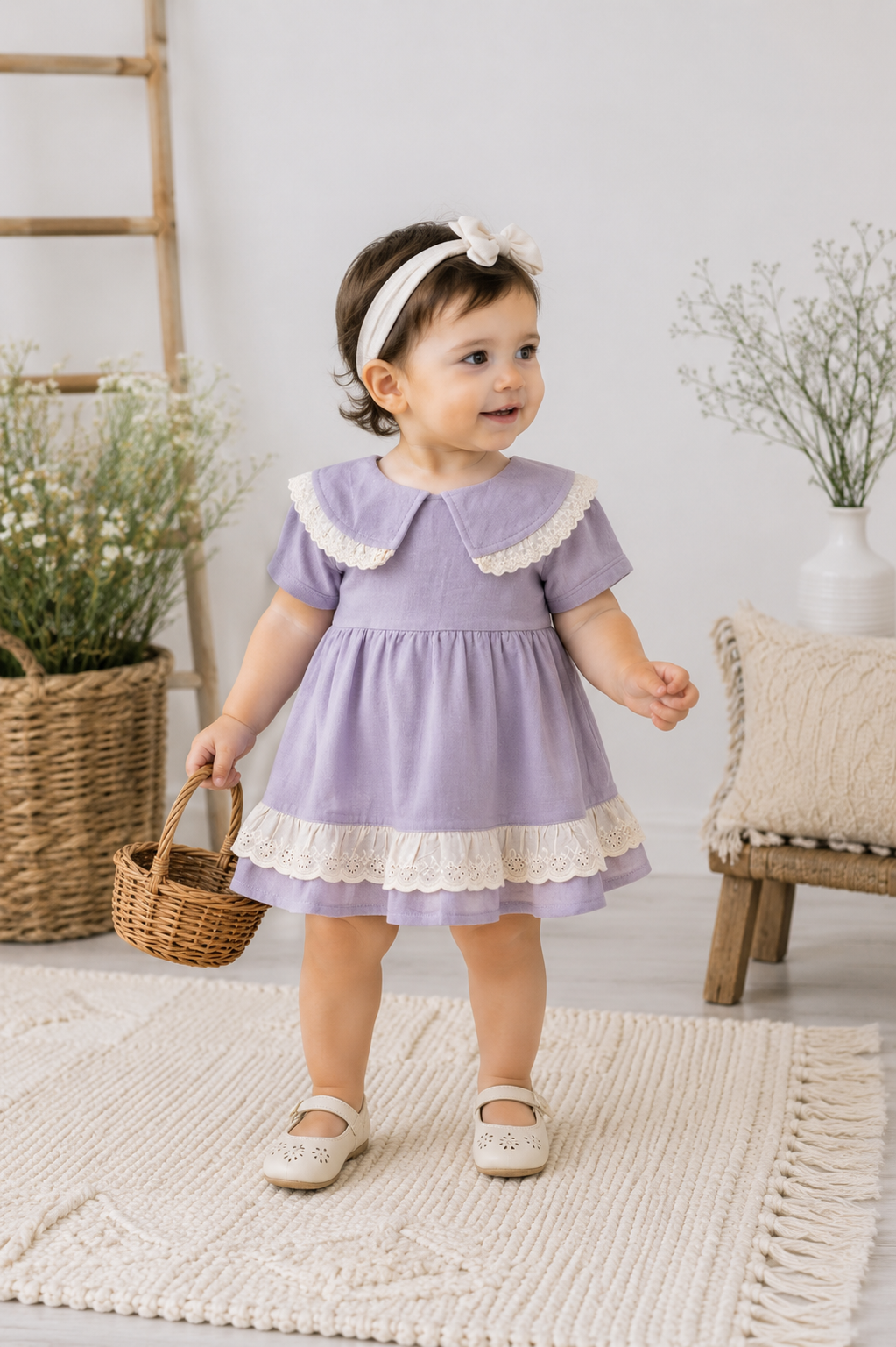 Lila Krem Dantelli  Müslin Bebek Elbisesi – Kız Çocuk Şık Yazlık Elbise