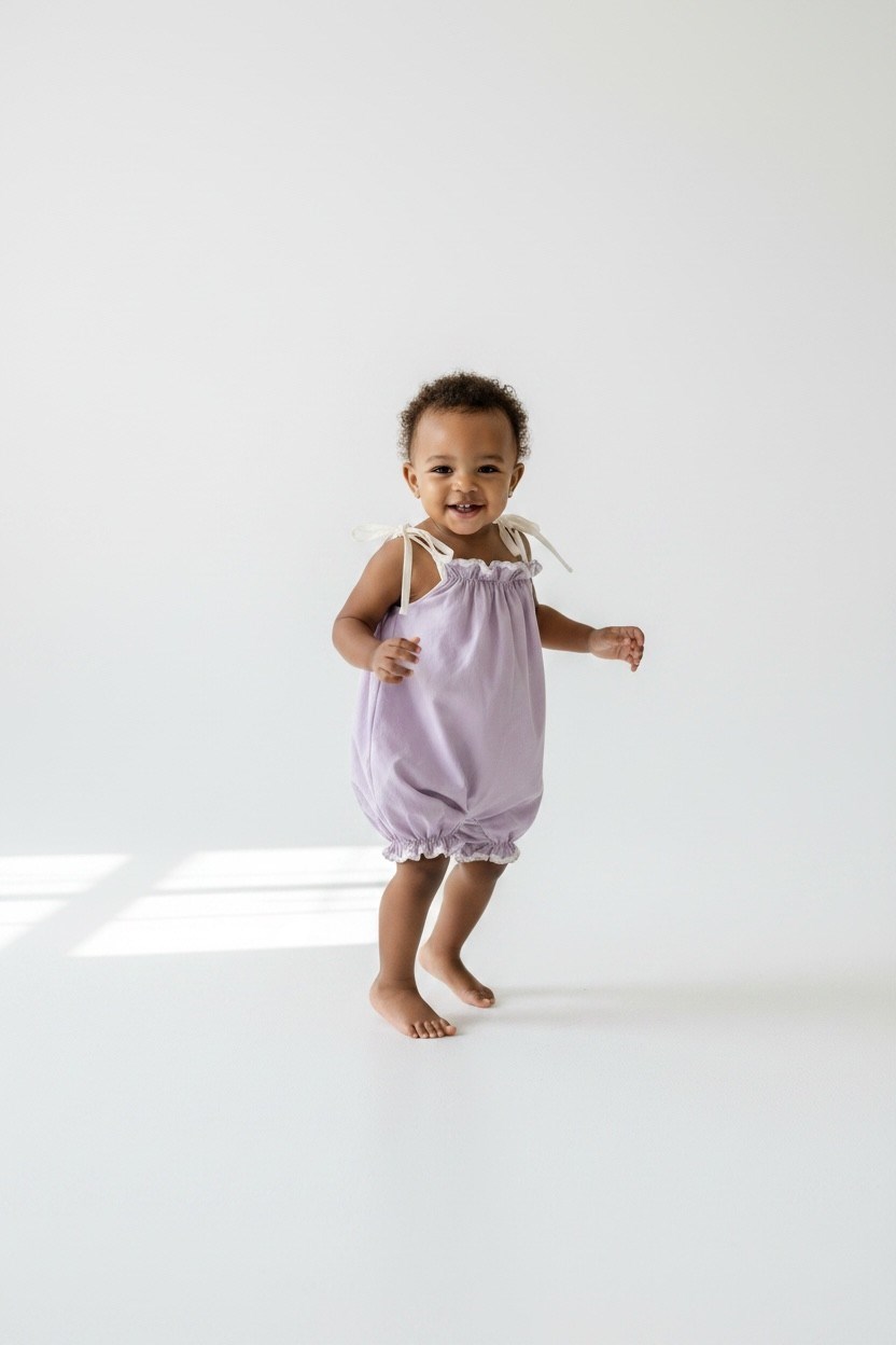 Lila Poplin Kumaş Bebek Tulum – Su Taşı Detaylı Askılı Bağlamalı Şortlu Tulum (0-3 Ay / 1 Yaş