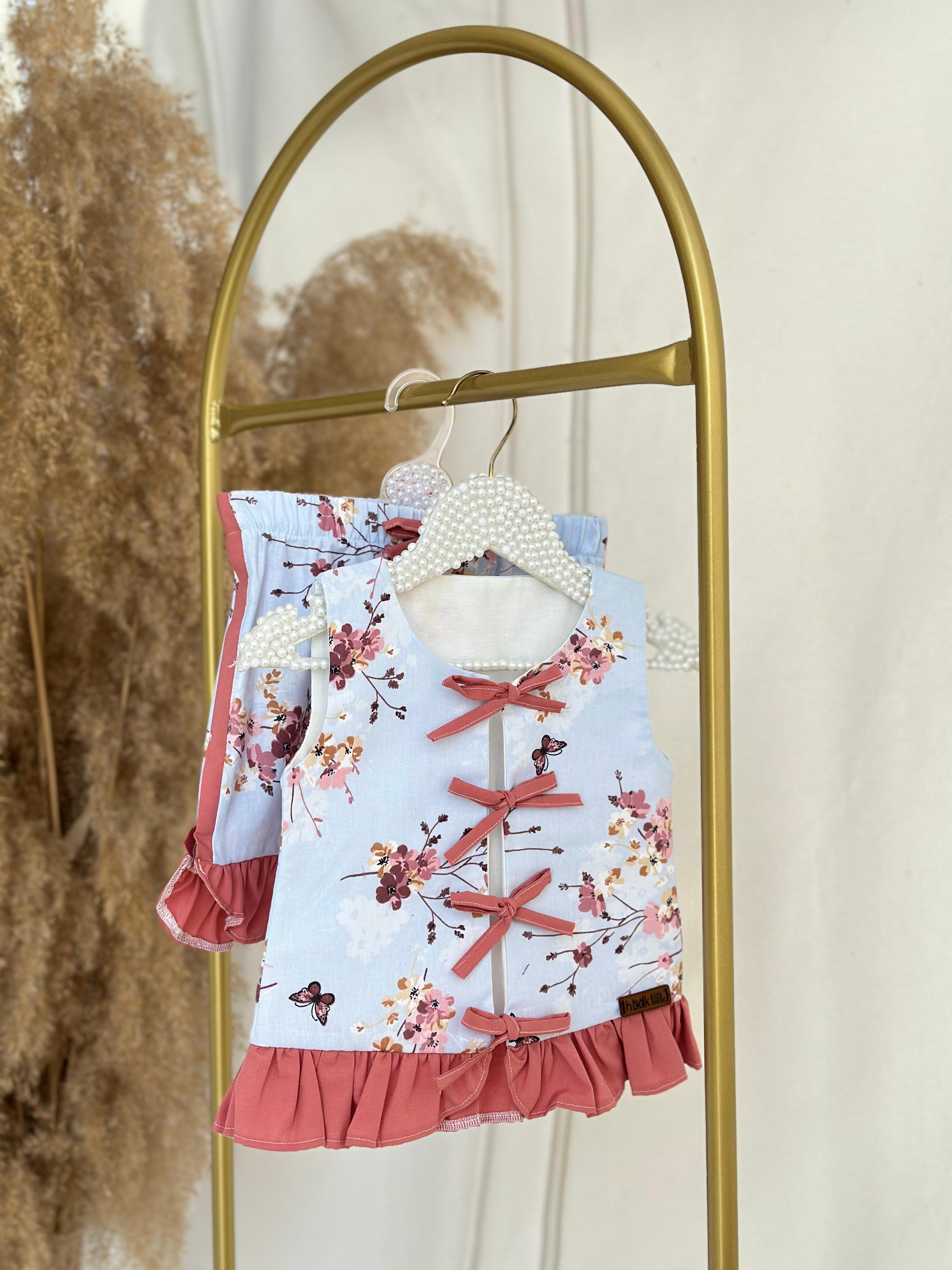 Mavi Çiçekli Fırfır Detaylı Alt Üst Takım