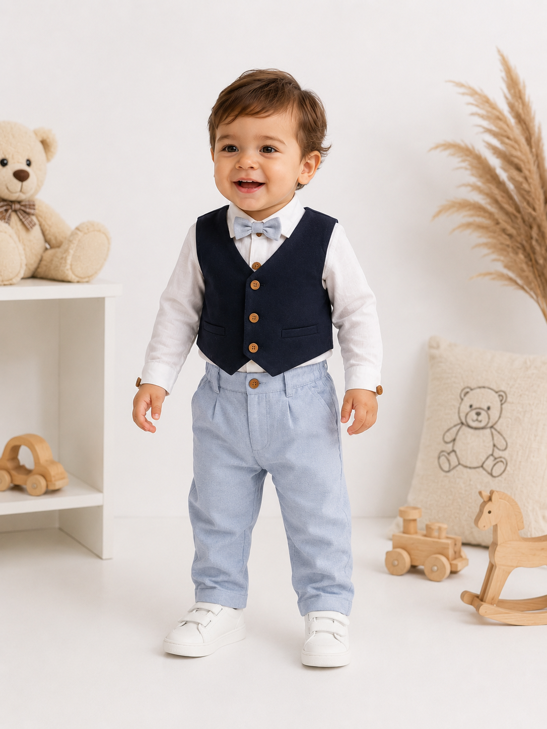 Papyonlu Keten Zıbınlı Yelek Görünümlü Erkek Bebek Takımı | Rahat Pantolonlu | 6-9 Ay / 2 Yaş