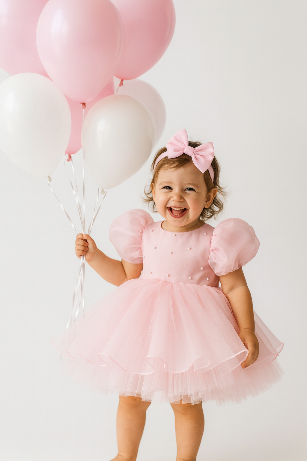 Pembe İncili Balon Kol Organze Kız Çocuk Doğum Günü Elbise