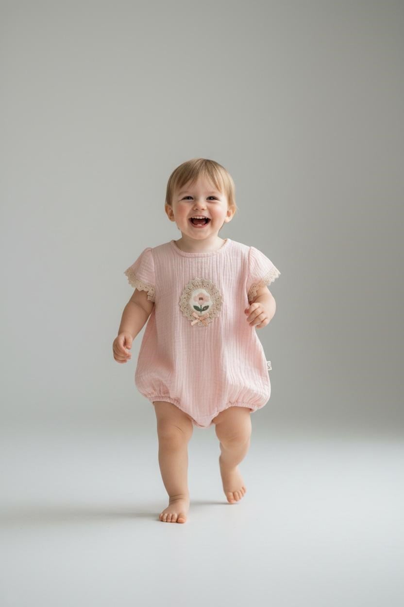 Pembe Kız Bebek Romper Tulum Müslin Pamuklu Dantel Detaylı Çıtçıtlı Yazlık Bebek Zıbın