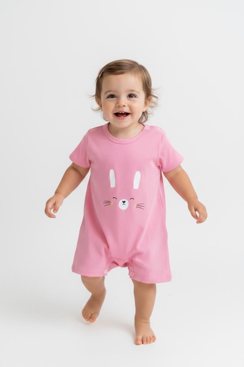 Pembe Kız Bebek Tulum Kısa Kollu Pamuklu Tavşan Baskılı Çıtçıtlı Yazlık Bebek Zıbın