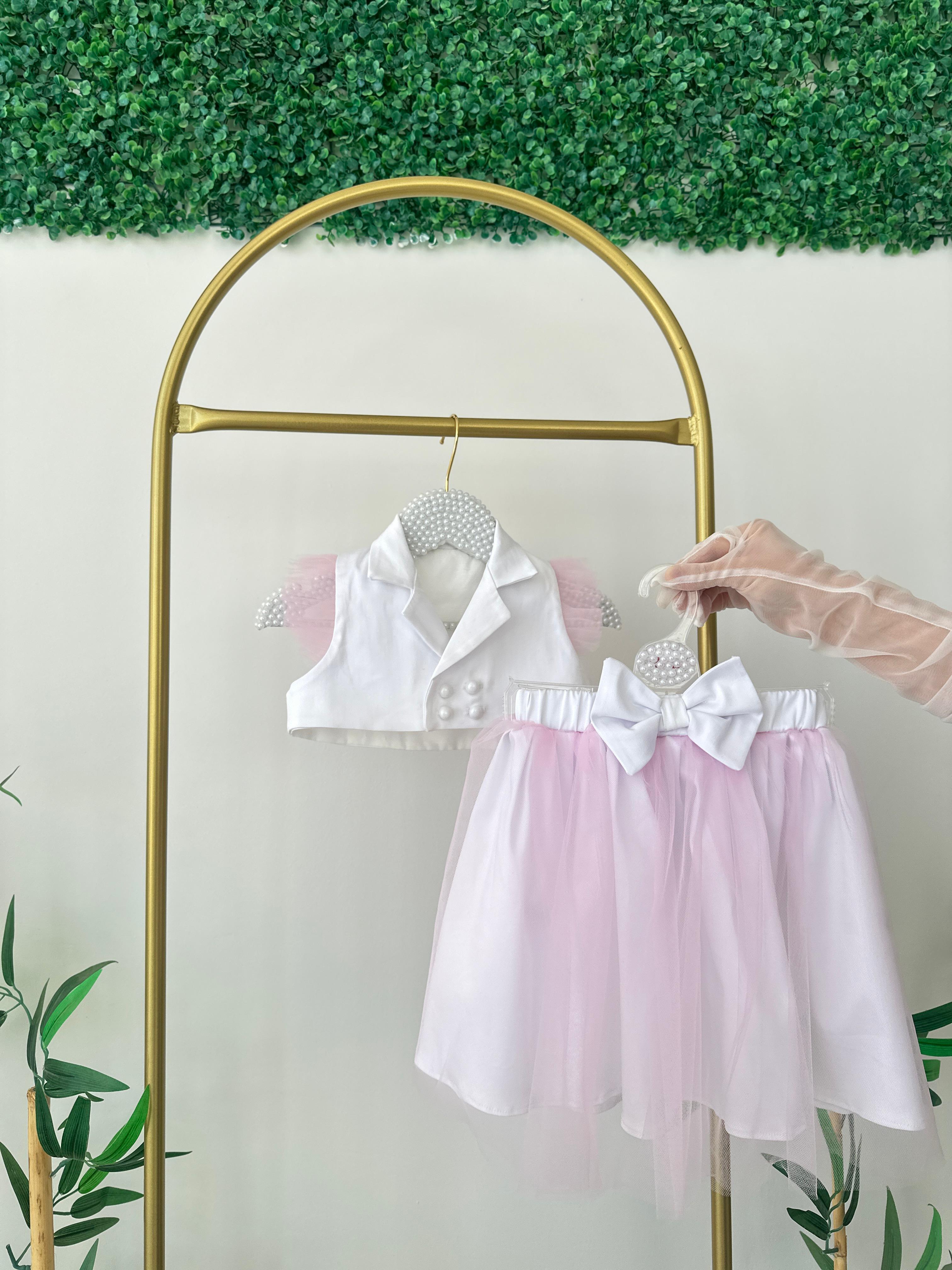 Pembe Tüllü Düğme Detaylı Crop Etek Takım