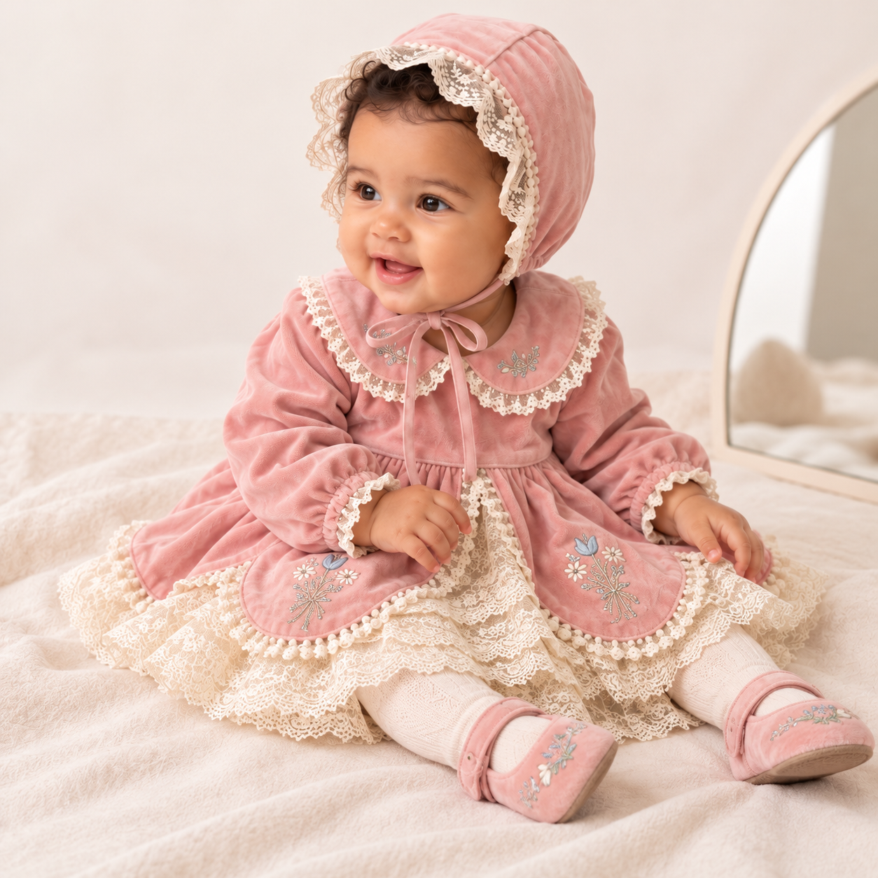 Pudra Pembe Vintage Kadife Kız Bebek Elbise 4'lü Set – Dantel ve Nakış Detaylı Kutulu Özel Tasarım