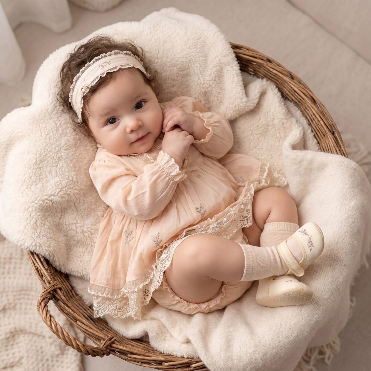 Pudra Somon Vintage Pamuk Kız Bebek Elbise 5'li Set – Nakışlı Dantelli Kutulu Takım