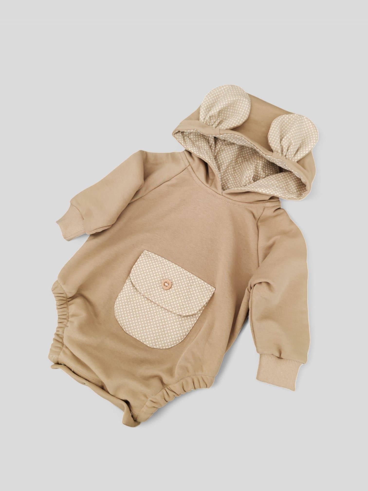 Sütlü Kahve Unisex Kulaklı Ayıcık Model Romper Tulum 