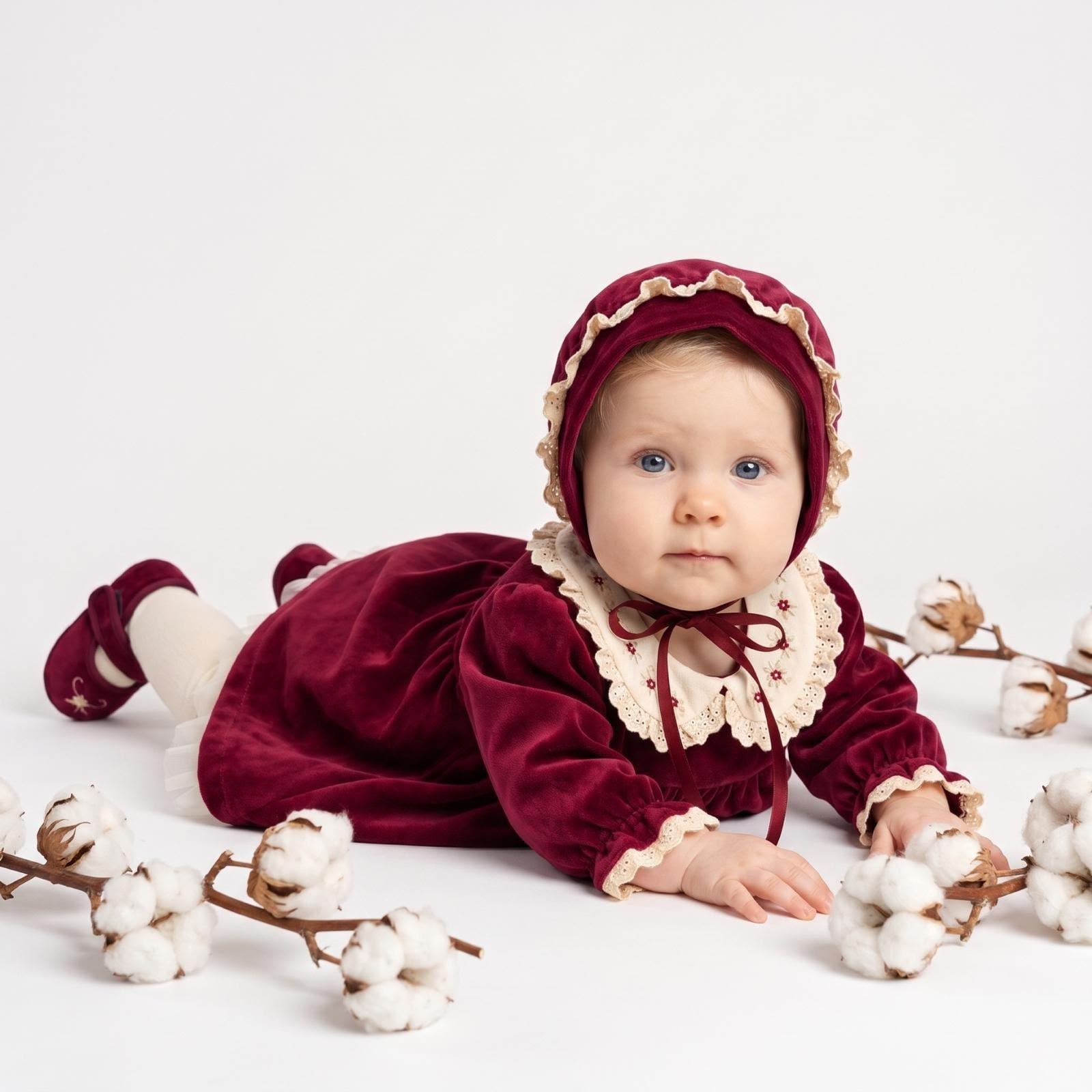 Vintage Bordo Kadife Çiçek Nakışlı Kız Bebek Elbise Seti – 4 Parça Dantelli Takım | Hobidik Baby