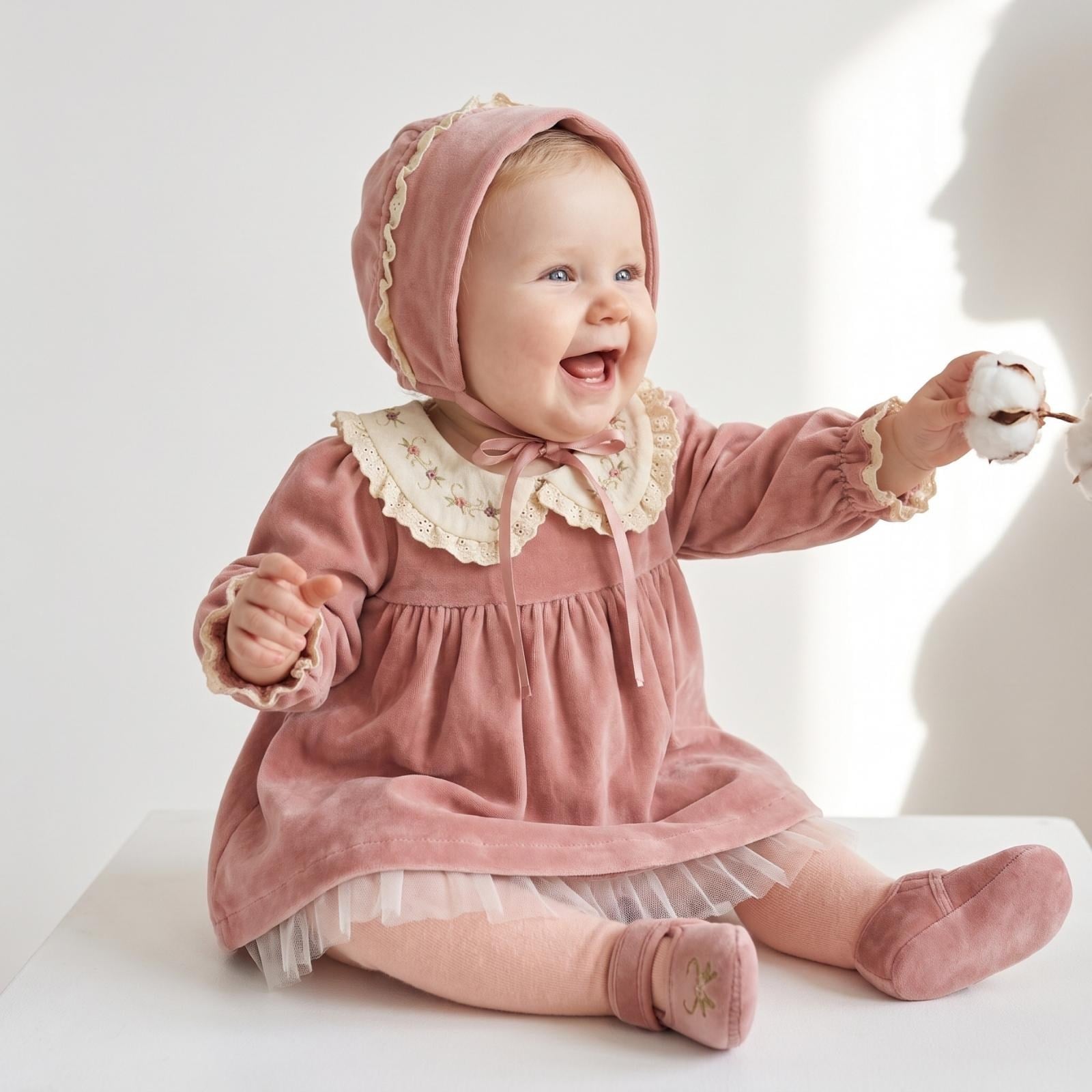 Vintage  Pudra Pembe  Kadife Çiçek Nakışlı Kız Bebek Elbise Seti – 4 Parça Dantelli Takım | Hobidik Baby