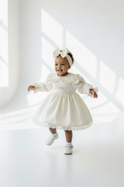  Krem Güpür Göğüs İsim İşlemeli Elbise Set